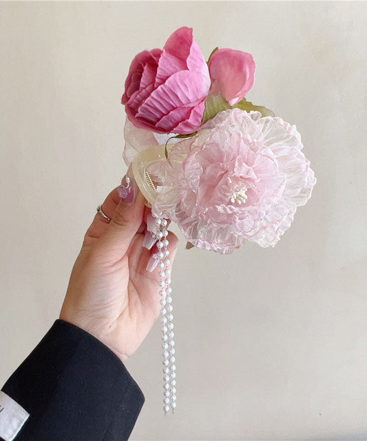 Épingle à cheveux en tissu tulle floral avec pompon et perles - TrendAura