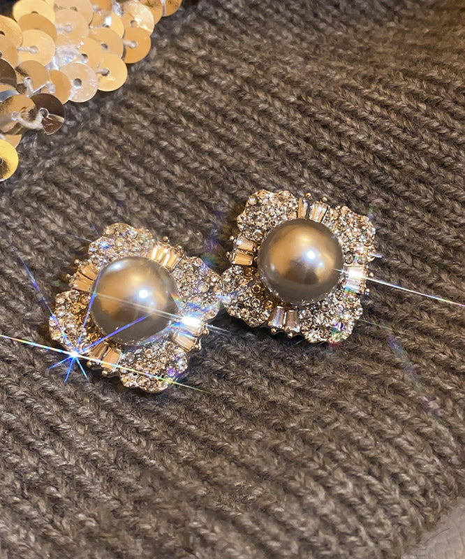 Boucles d'oreilles à tige en alliage gris et perles de zircon - TrendAura