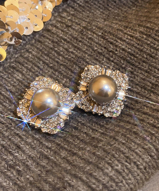 Boucles d'oreilles à tige en alliage gris et perles de zircon - TrendAura