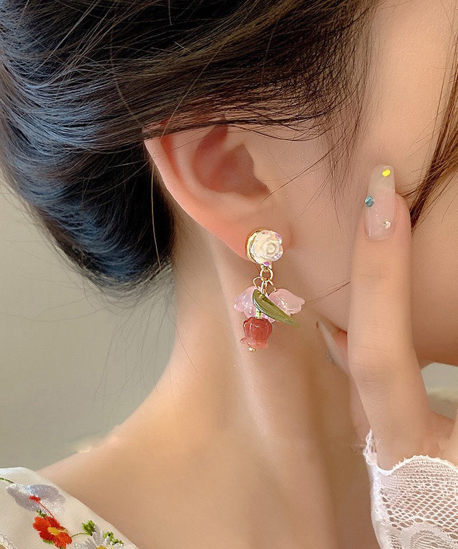 Boucles d'oreilles pendantes camélia en alliage de résine arc-en-ciel - TrendAura