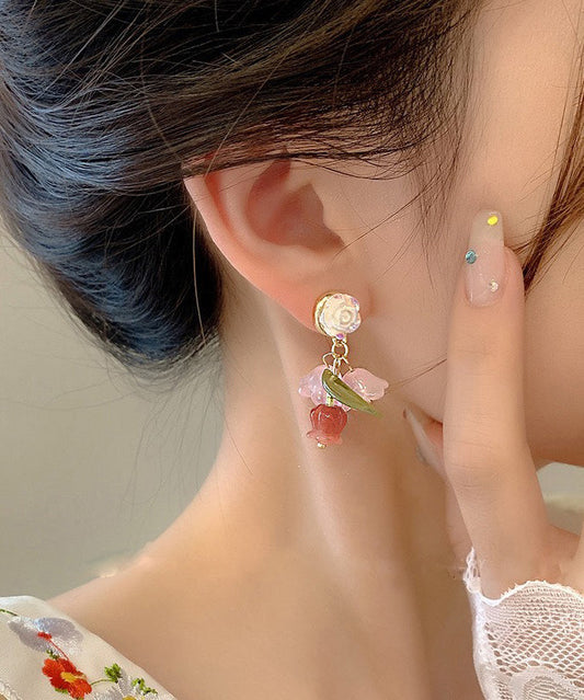 Boucles d'oreilles pendantes camélia en alliage de résine arc-en-ciel - TrendAura