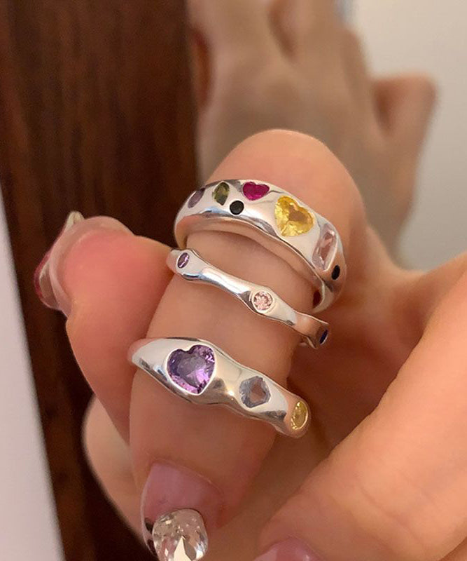 Ensemble de trois bagues d'amour asymétriques en acier inoxydable arc-en-ciel avec zircon - TrendAura