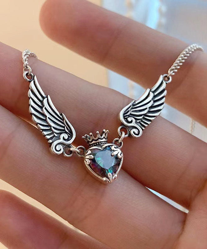 Collier avec pendentif en argent sterling et cristal, couronne d'amour et ailes, Boutique Silk - TrendAura
