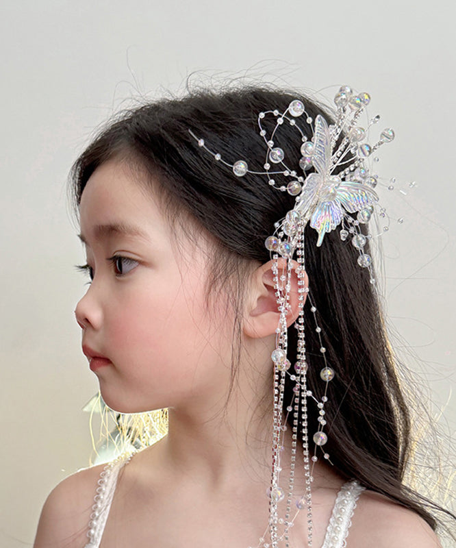 Épingle à cheveux en alliage acrylique blanc avec pompon et papillon en cristal pour filles - TrendAura
