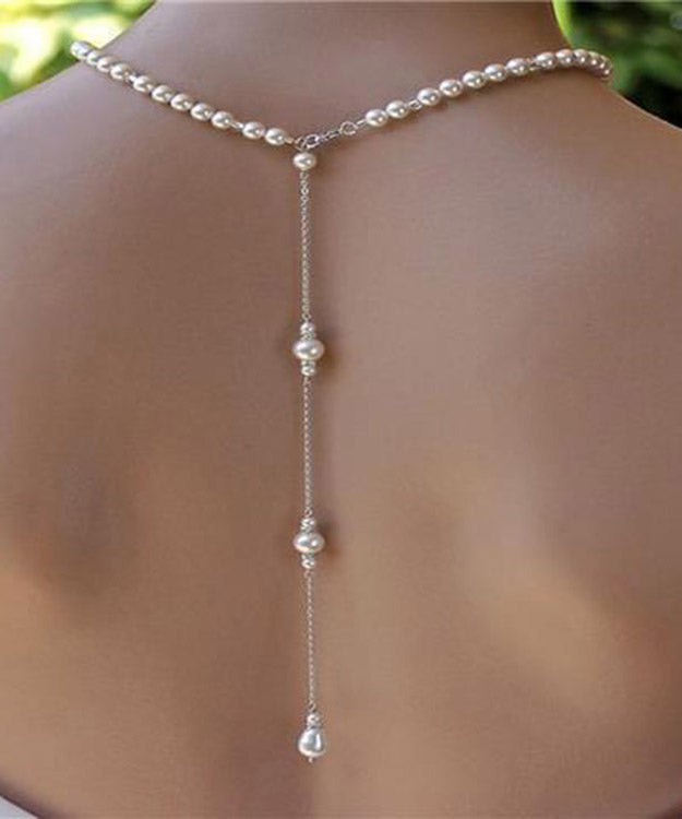 Collier lariat à pampilles en acier inoxydable blanc avec chaîne de perles - TrendAura