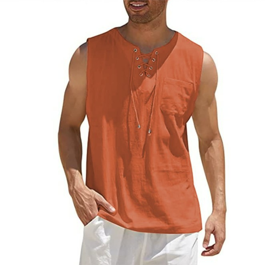 Men's Sleeveless Shirt With Lace Up Front Relaxed Fit Cotton Blend Chest Pocket For Casual Summer Wear