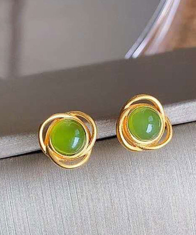 Boucles d'oreilles à tige en argent sterling et jade vert surdoré - TrendAura