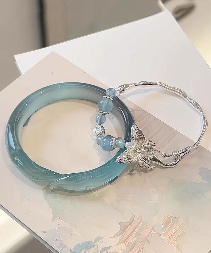 Ensemble de deux bracelets courts en argent sterling, zircon et jade, ornés d'un papillon - TrendAura