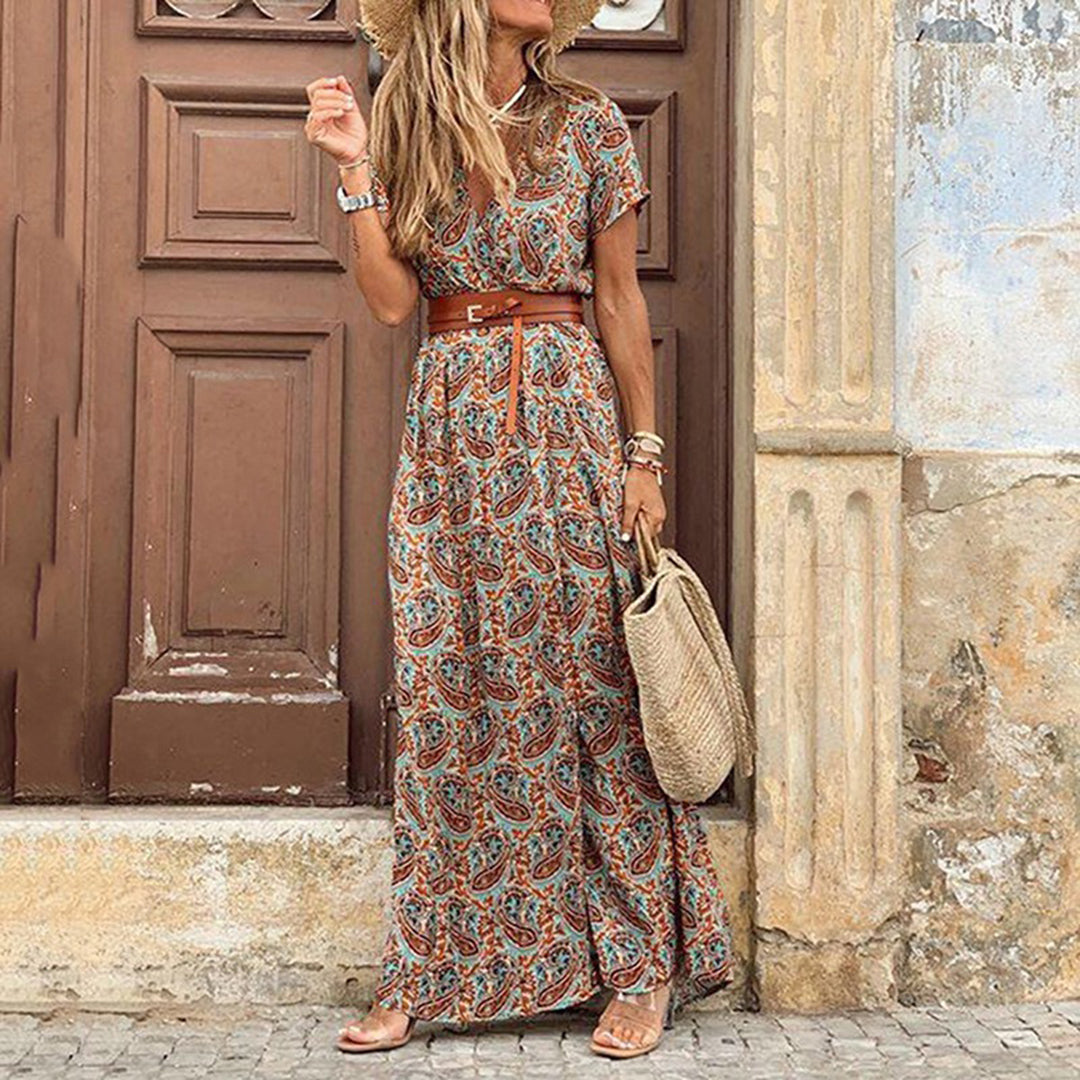 Women's Maxi Dress - V-neck - Short Sleeves - Fitted Waist - Side Slit - Elegant Design