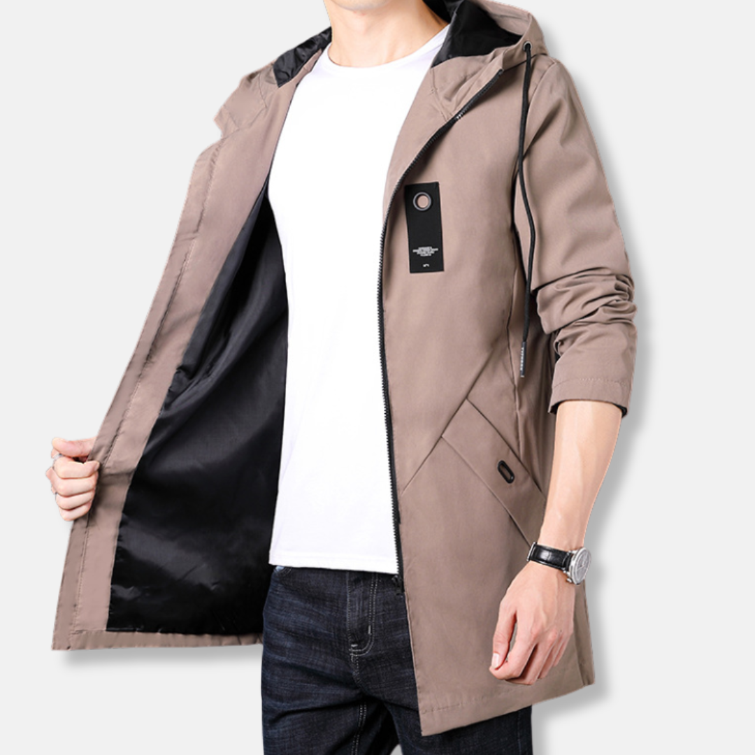 Men's Hooded Coat With Zipper Closure In Woven Fabric For Smart Casual Style Mid Thigh Length