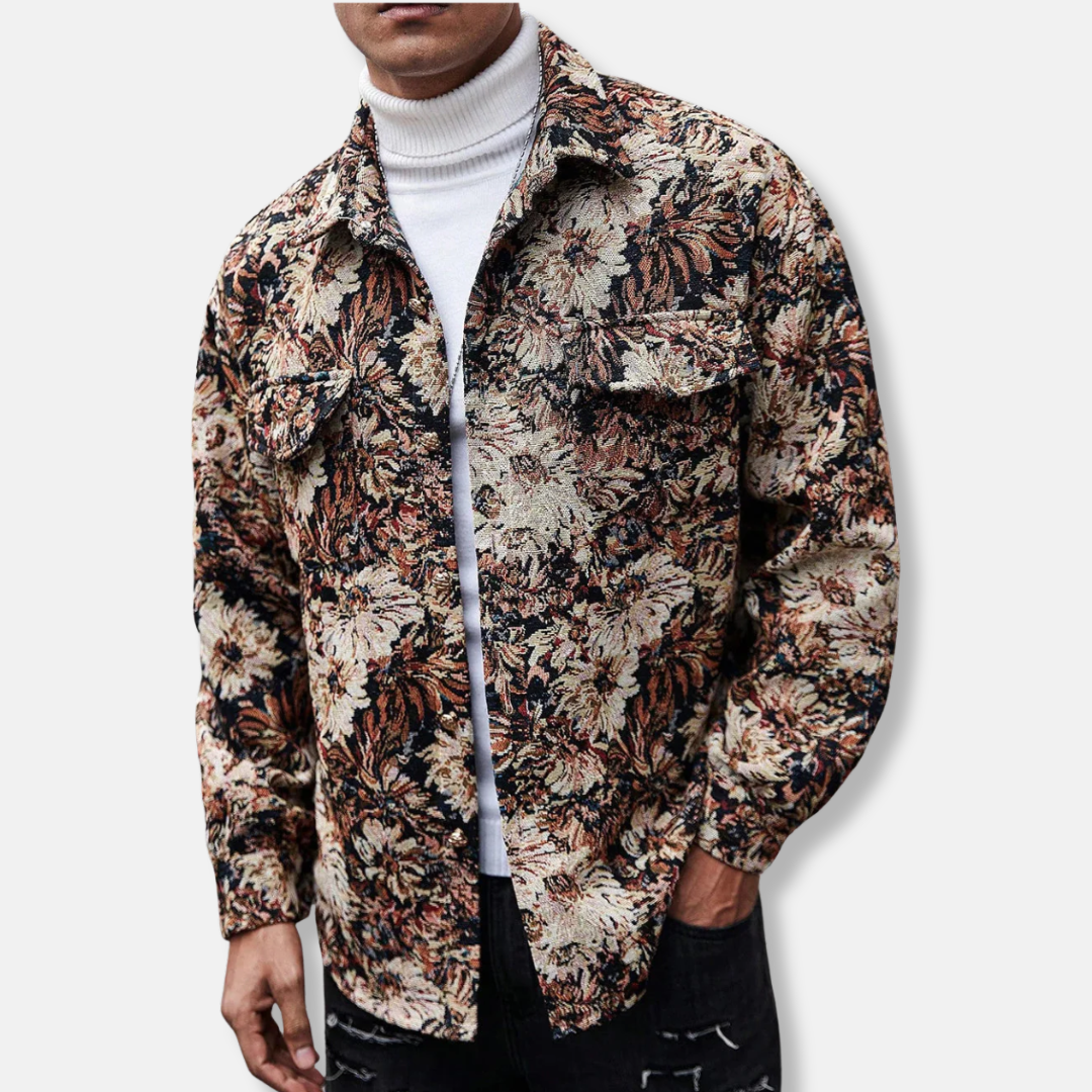 Mens Floral Jacquard Jacket With Woven Texture In Relaxed Fit Utility Style For Everyday