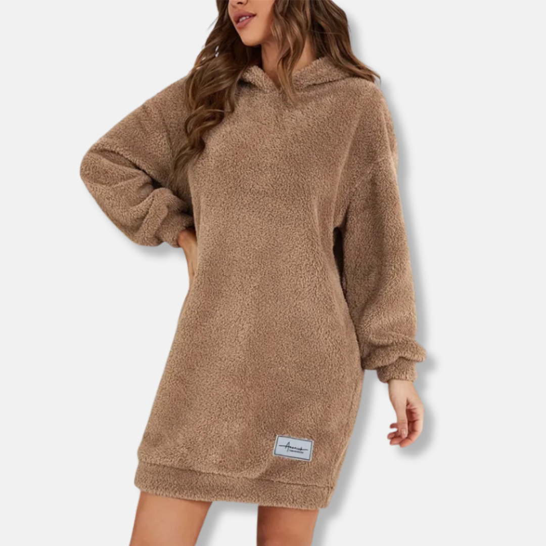 Women’s Hoodie Dress – Fleece Texture – Oversized Fit – Long Sleeve Mini Lounge Wear