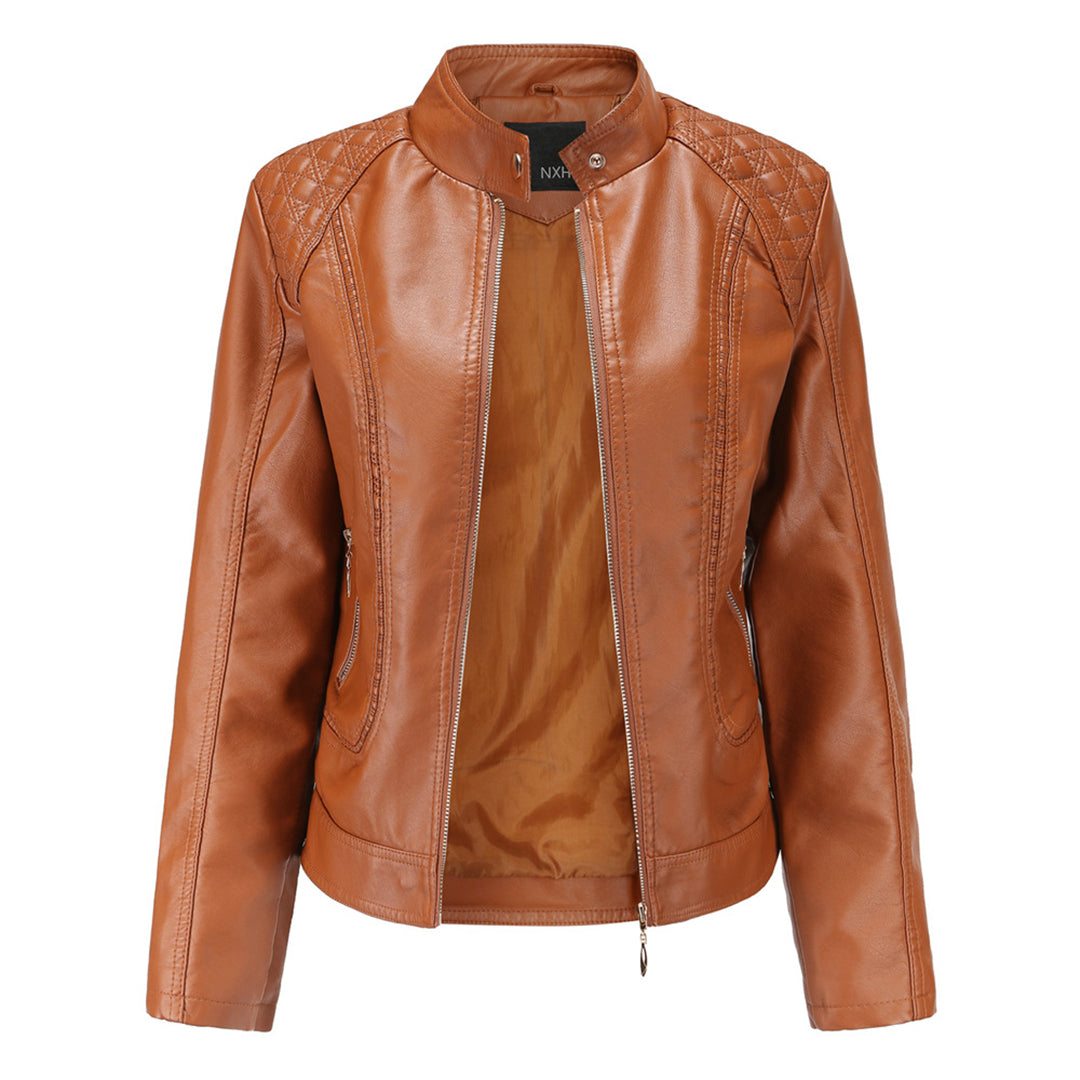 Women's high collar leather jacket