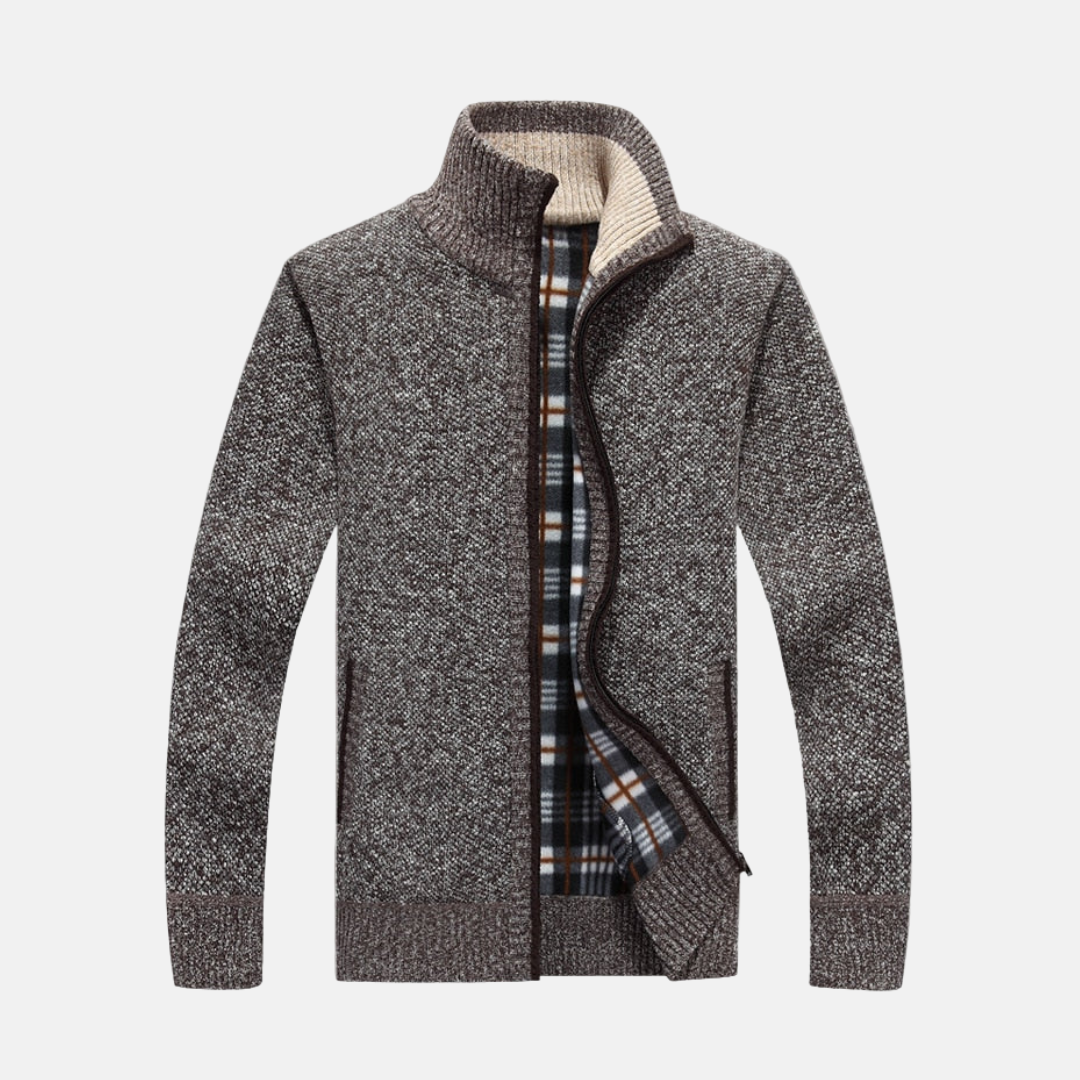 Mens Knit Texture Jacket With Fleece Lining Ribbed Collar Cuffs Hem For Versatile Layering And Classic Style