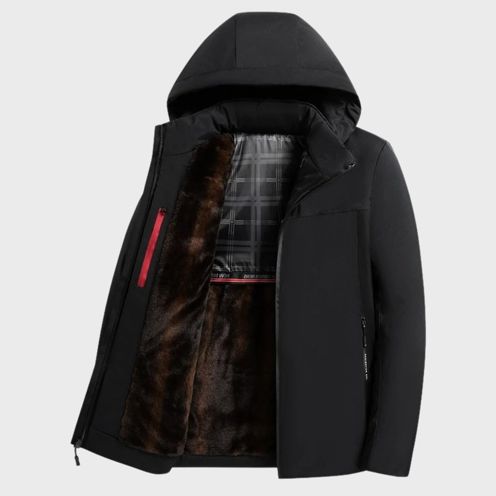 TrendAura Men's Waterproof Hooded Jacket With Fur Lined Interior Zipper Closure Casual Fit Winter Coat