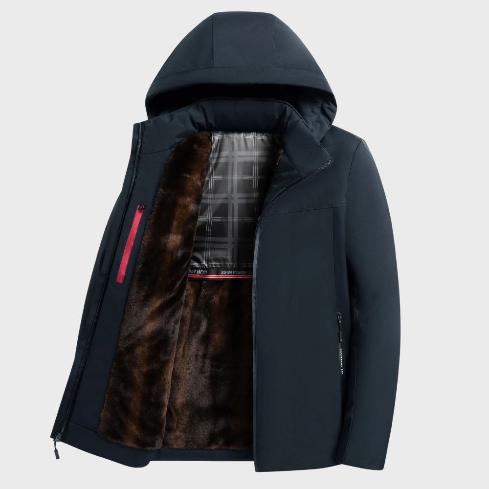 TrendAura Men's Waterproof Hooded Jacket With Fur Lined Interior Zipper Closure Casual Fit Winter Coat