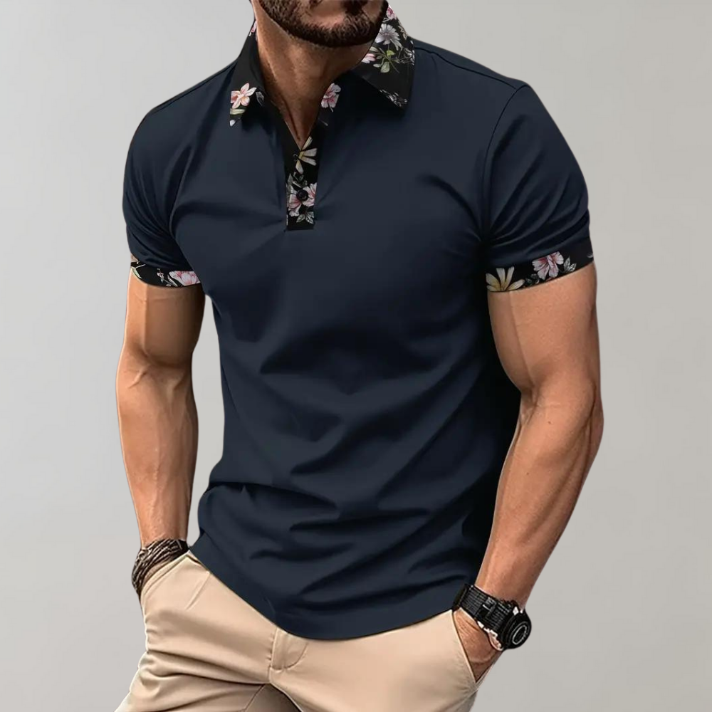 Men's Short Sleeve Polo Shirt With Floral Detail Button Closure Casual Fit For Summer Style