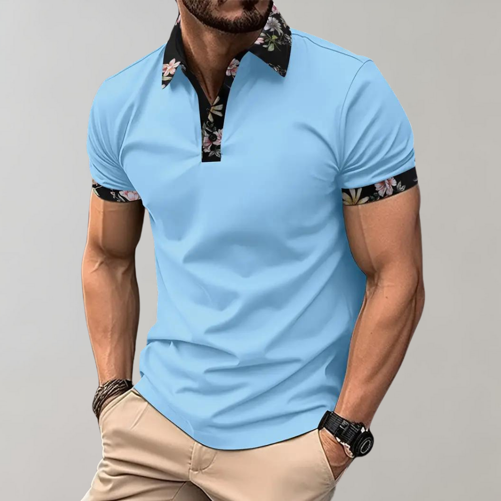 Men's Short Sleeve Polo Shirt With Floral Detail Button Closure Casual Fit For Summer Style