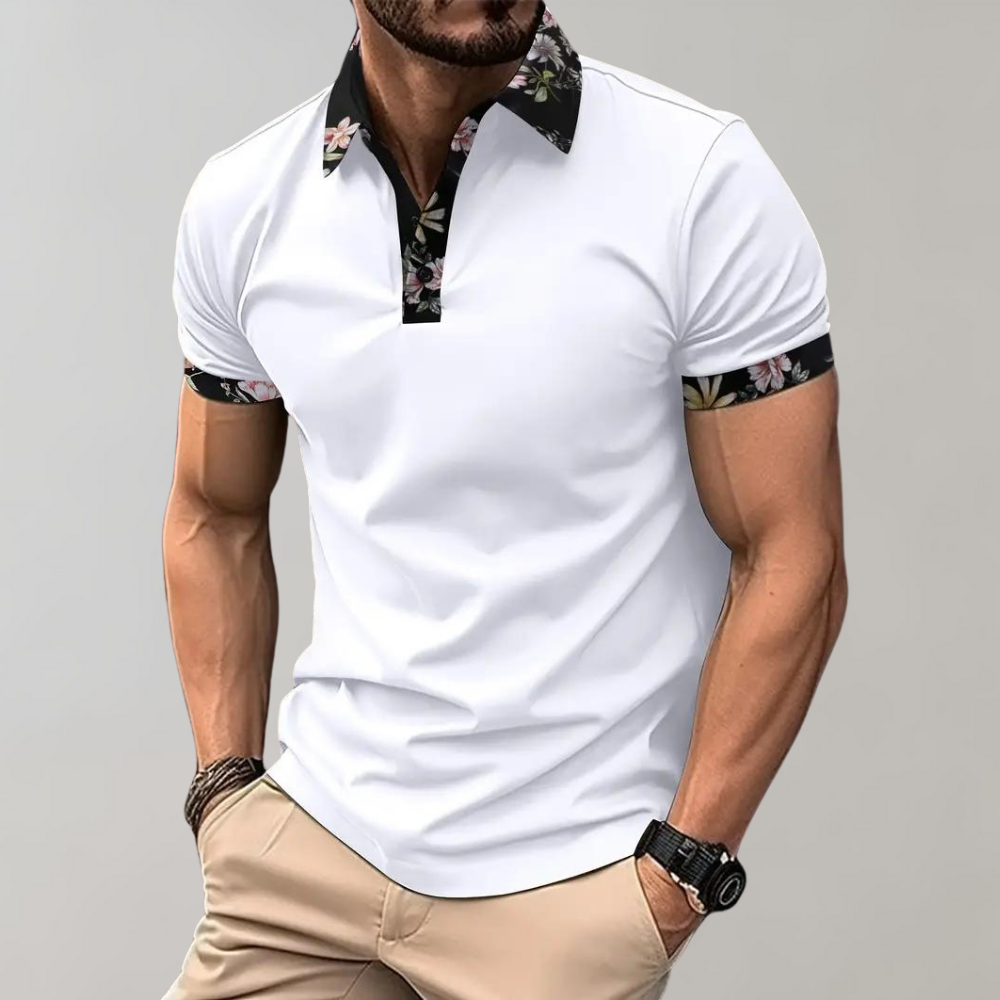 Men's Short Sleeve Polo Shirt With Floral Detail Button Closure Casual Fit For Summer Style