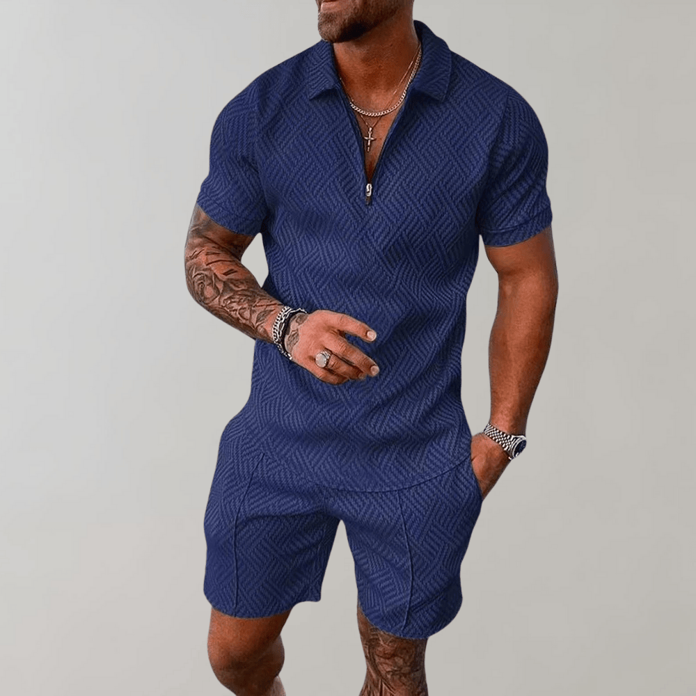 Men's Textured Zipper Polo Set With Shorts Modern Casual Style For Sunny Days This Summer