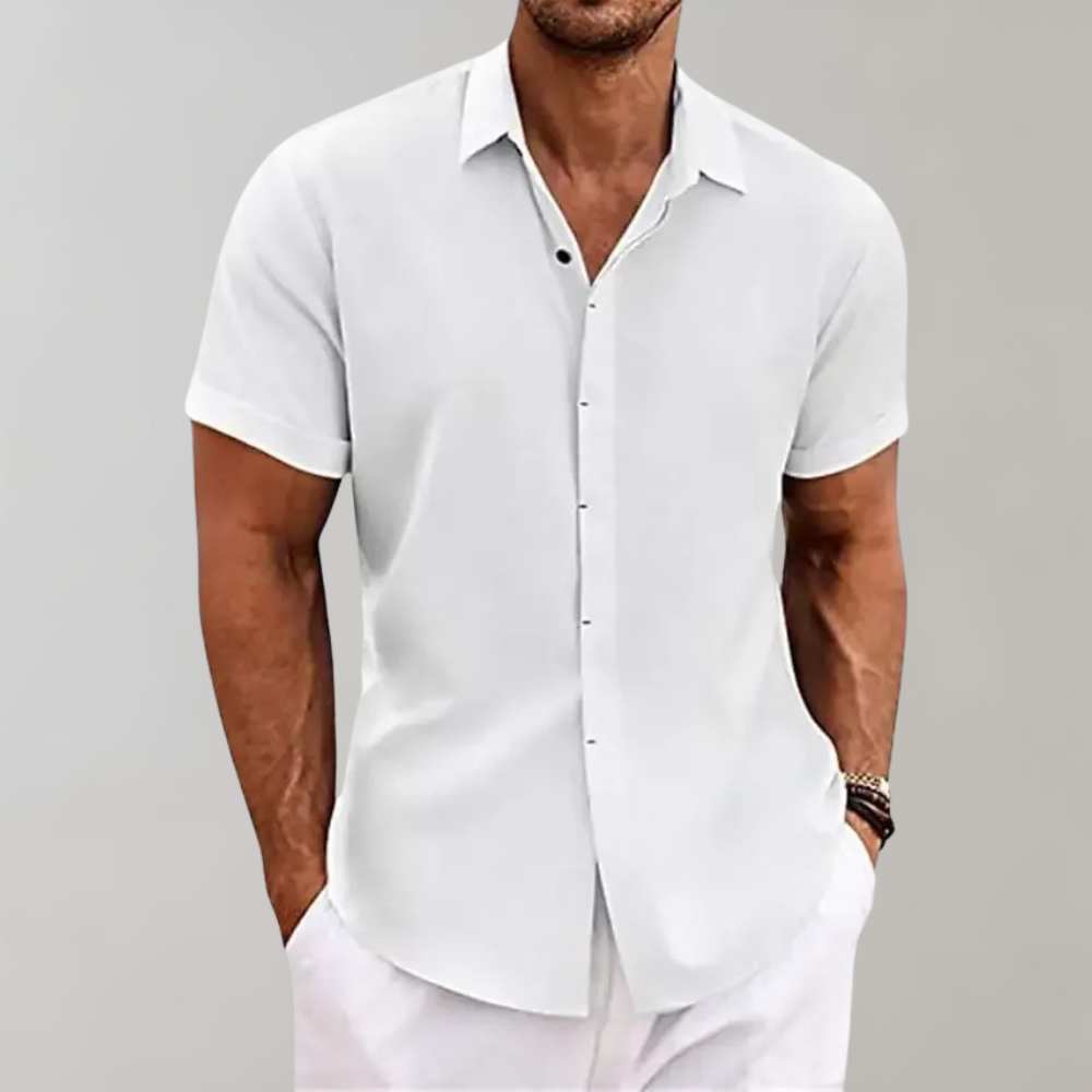 Mens Lightweight Short Sleeve Button Front Shirt With Classic Collar Made From Breathable Linen Look Fabric For Summer