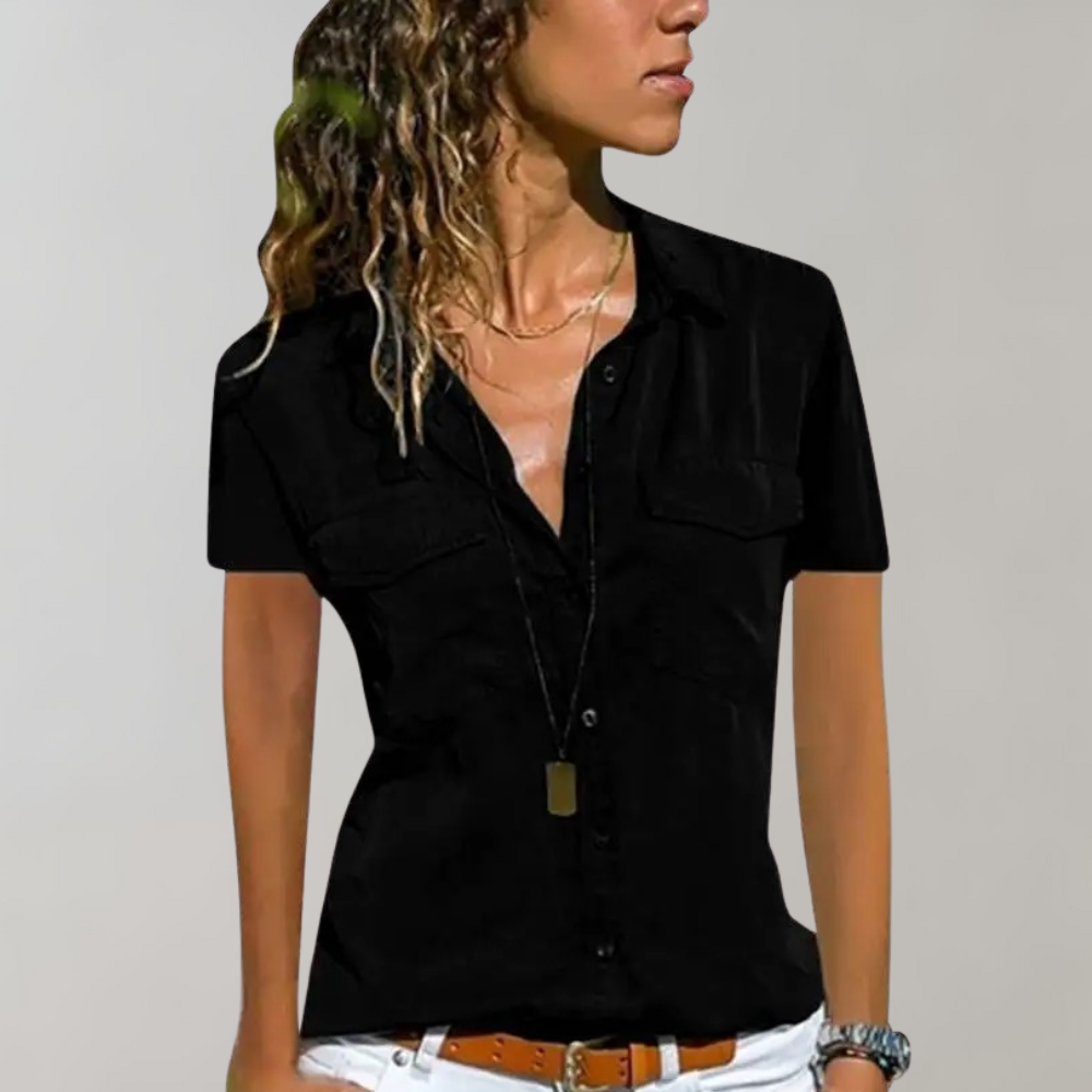 Women's Shirt Blouse - Button Closure - Short Sleeve - Fitted - Breast Pockets