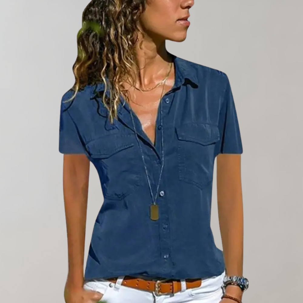 Women's Shirt Blouse - Button Closure - Short Sleeve - Fitted - Breast Pockets