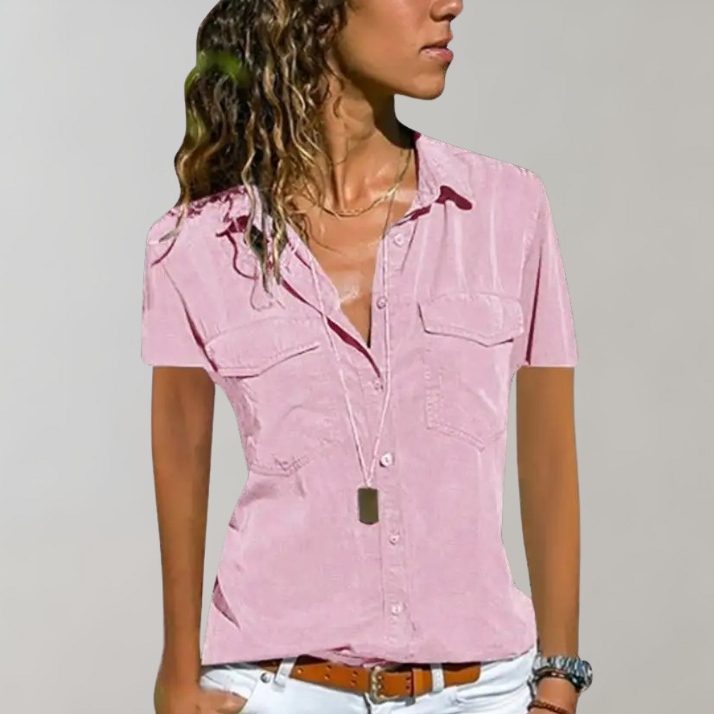Women's Shirt Blouse - Button Closure - Short Sleeve - Fitted - Breast Pockets