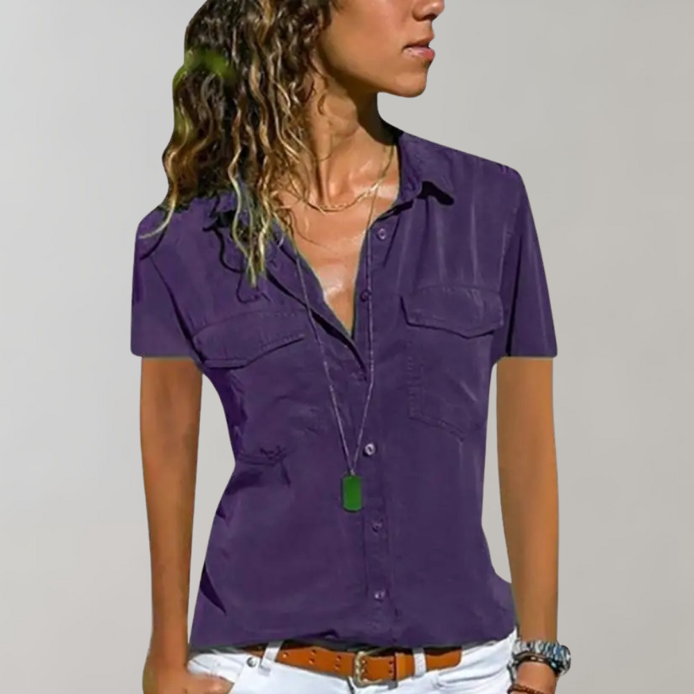 Women's Shirt Blouse - Button Closure - Short Sleeve - Fitted - Breast Pockets