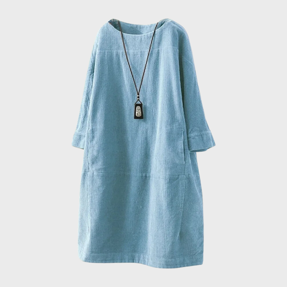 Women's Velvet Dress - Loose Fit - Round Neck - 3/4 Sleeves - Casual Look