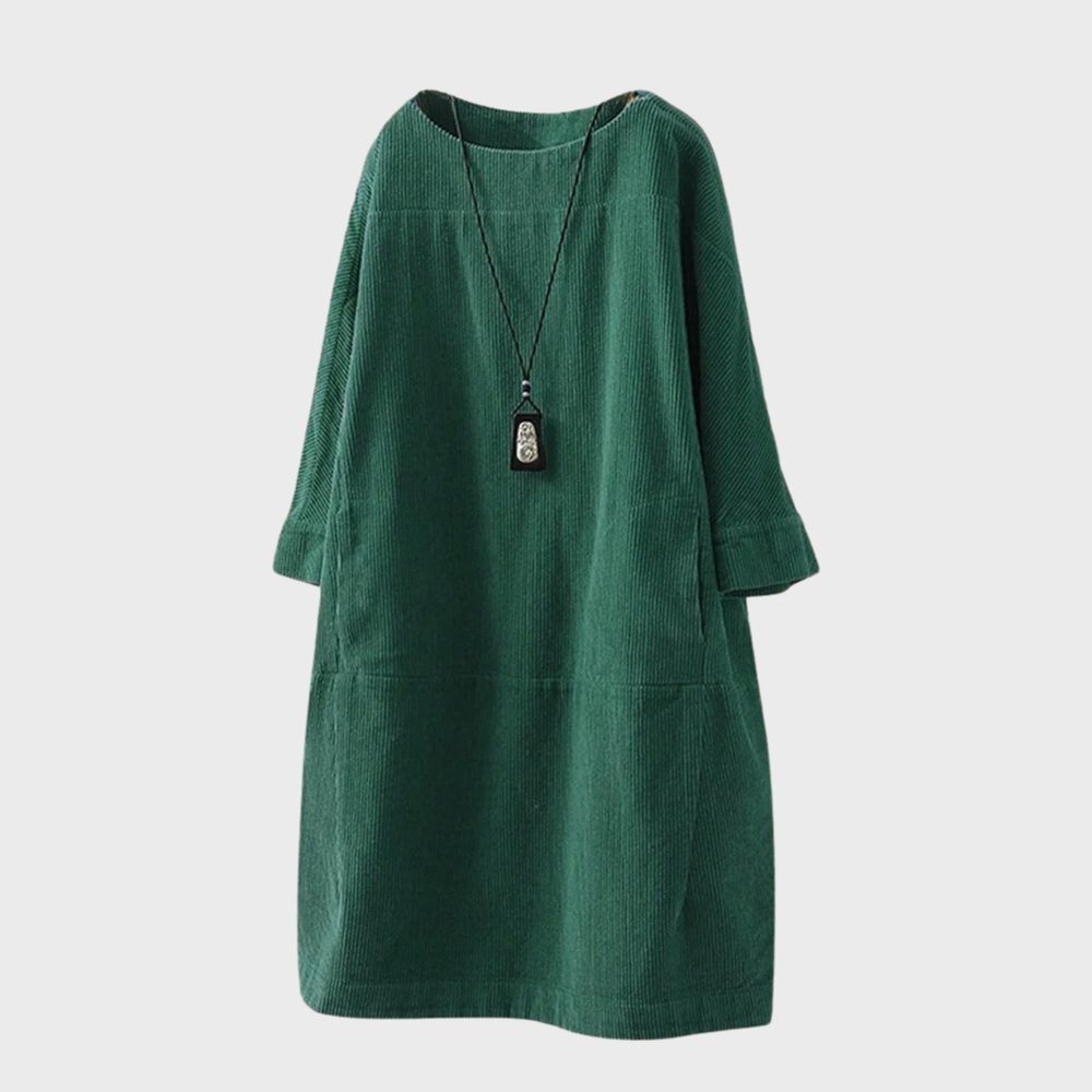 Women's Velvet Dress - Loose Fit - Round Neck - 3/4 Sleeves - Casual Look