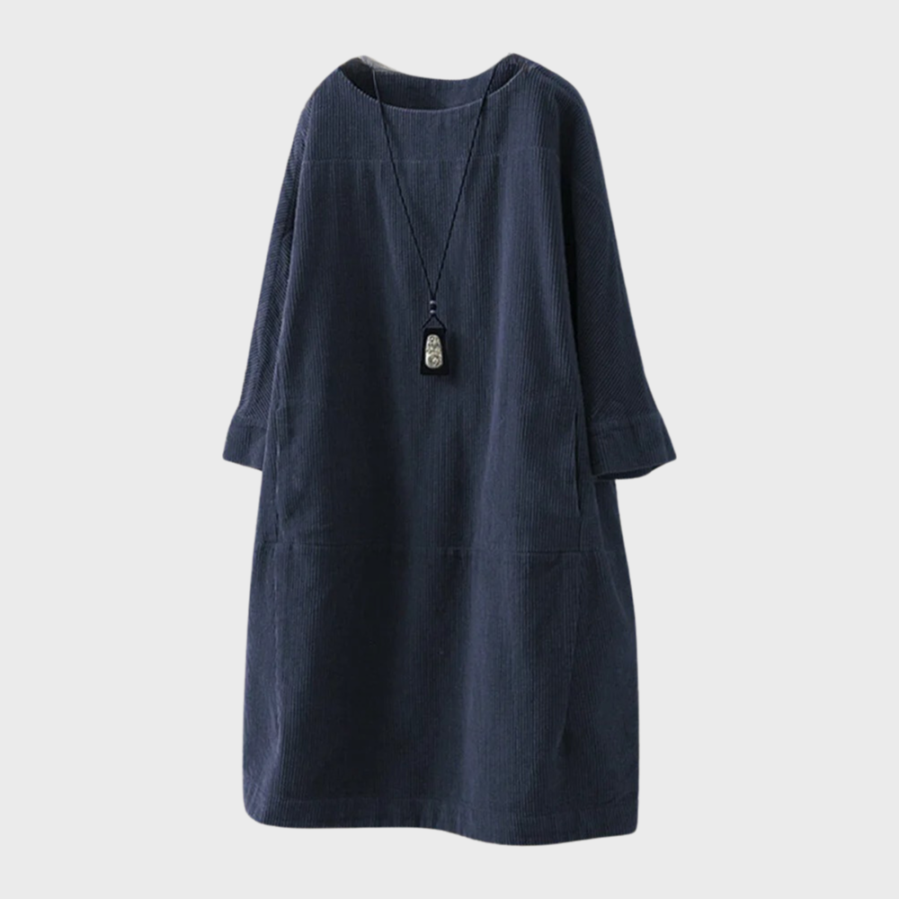 Women's Velvet Dress - Loose Fit - Round Neck - 3/4 Sleeves - Casual Look