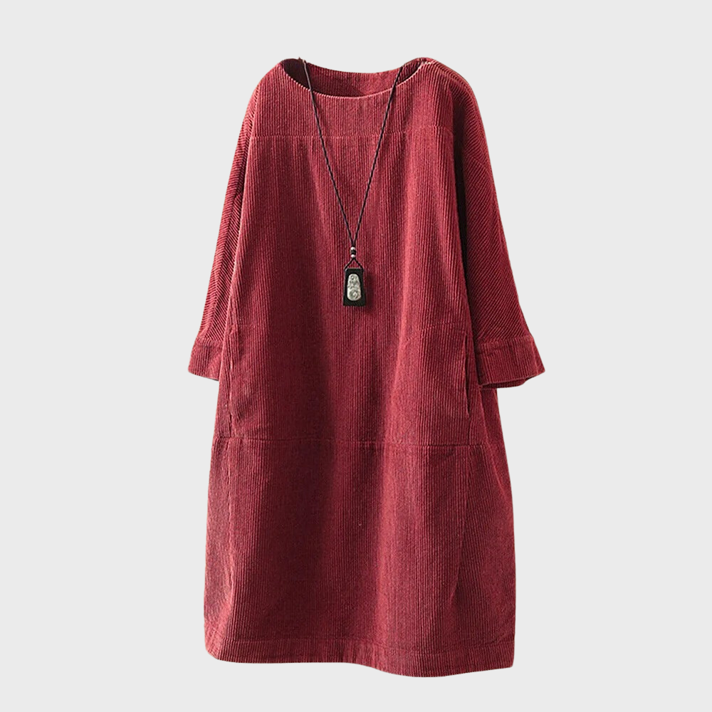 Women's Velvet Dress - Loose Fit - Round Neck - 3/4 Sleeves - Casual Look