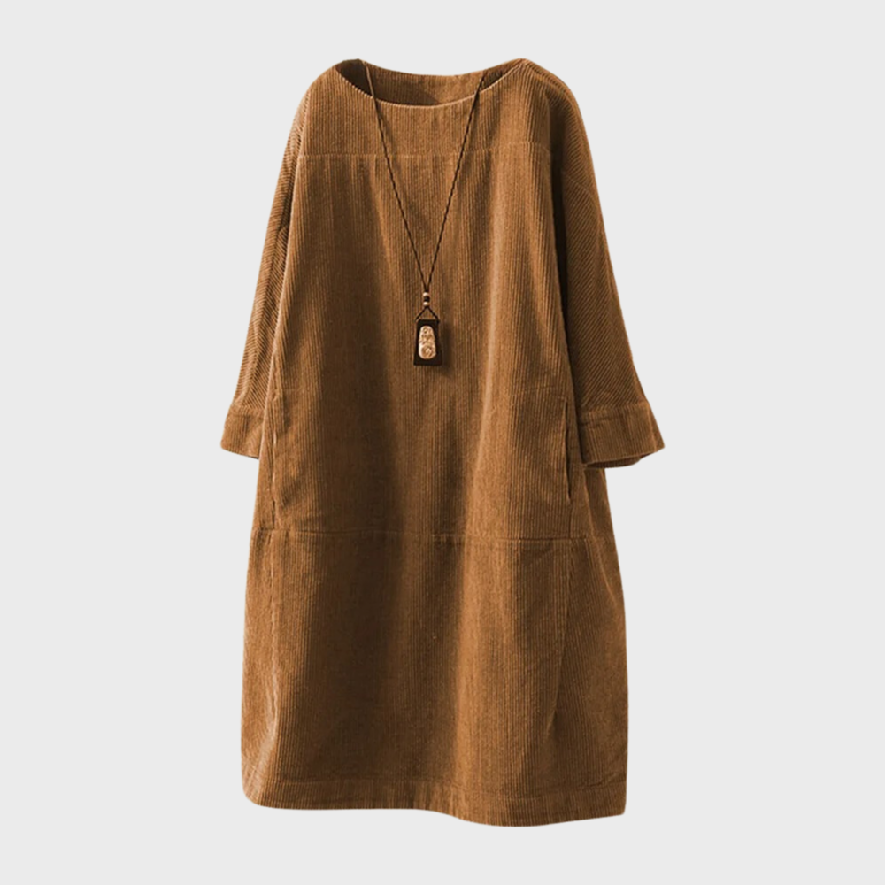 Women's Velvet Dress - Loose Fit - Round Neck - 3/4 Sleeves - Casual Look