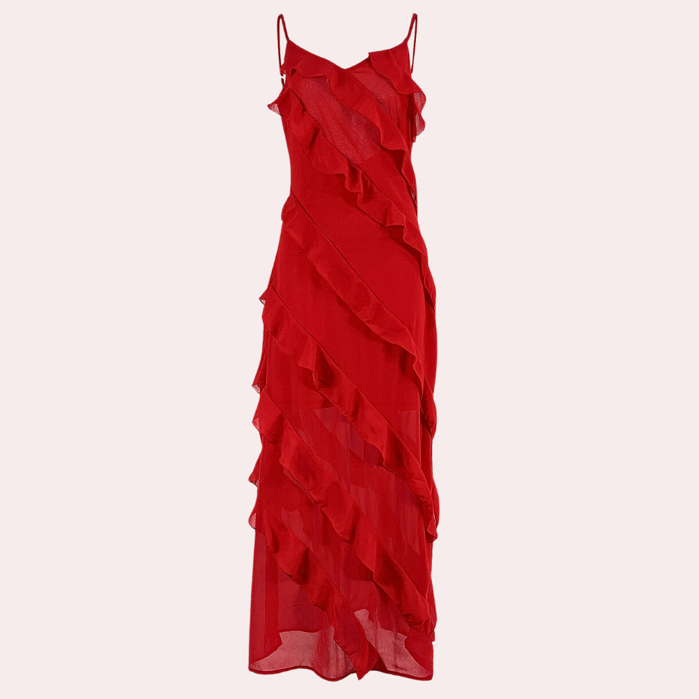 Women's Evening Dress - Slim Fit - Ruffle Details - Adjustable Straps - Slit