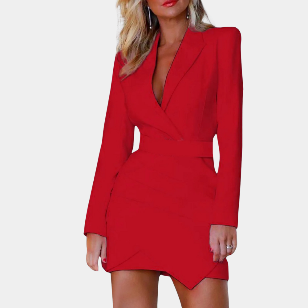 Women's Blazer Dress - Tailored - V-neck - Long-sleeved - Elegant Mini Dress