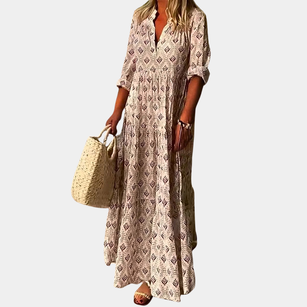 Women's Maxi Dress - V-Neck - 3/4 Sleeves - Lightweight and Breathable - Relaxed Fit