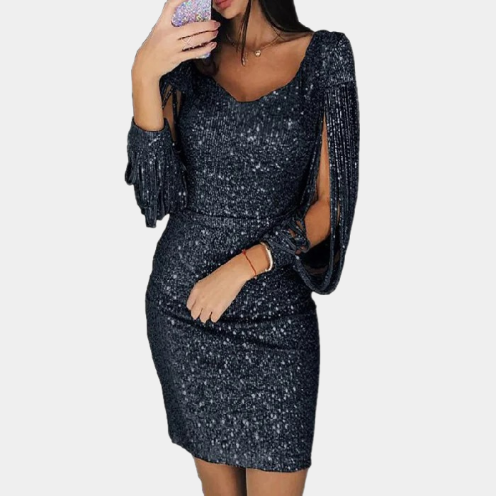 Women's Sequin Dress - V-Neckline - Draped Sleeves - Elegant Party Dresses