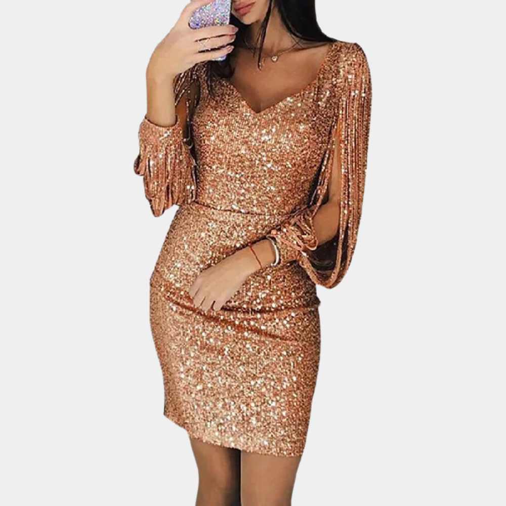 Women's Sequin Dress - V-Neckline - Draped Sleeves - Elegant Party Dresses