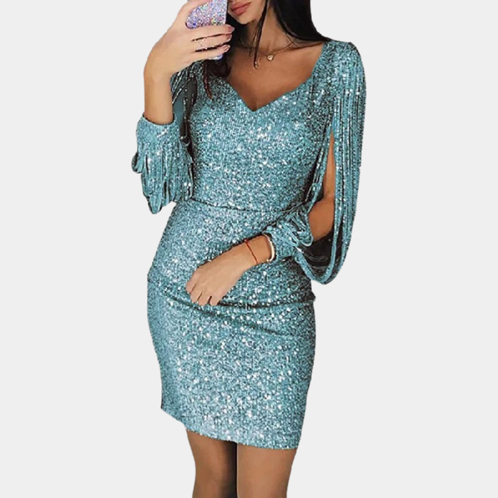 Women's Sequin Dress - V-Neckline - Draped Sleeves - Elegant Party Dresses