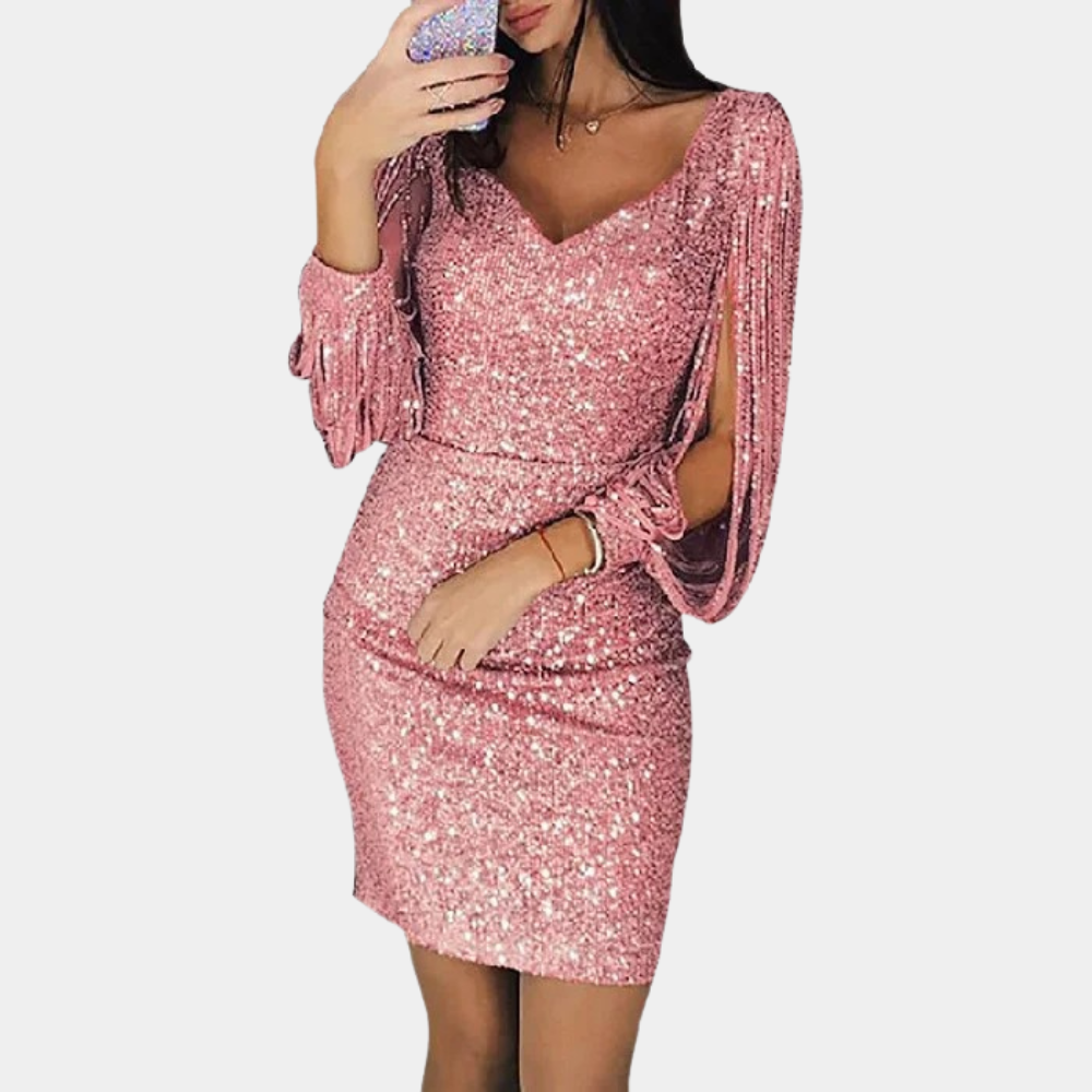 Women's Sequin Dress - V-Neckline - Draped Sleeves - Elegant Party Dresses