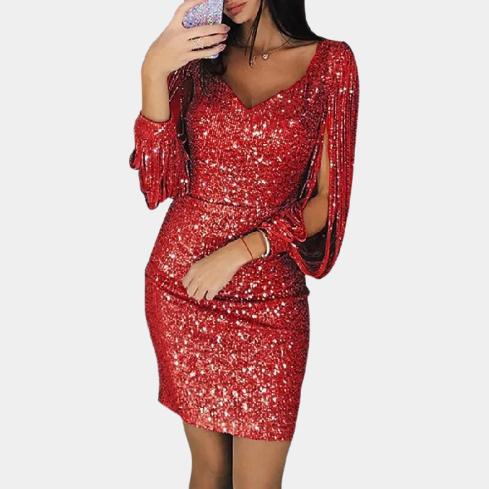 Women's Sequin Dress - V-Neckline - Draped Sleeves - Elegant Party Dresses