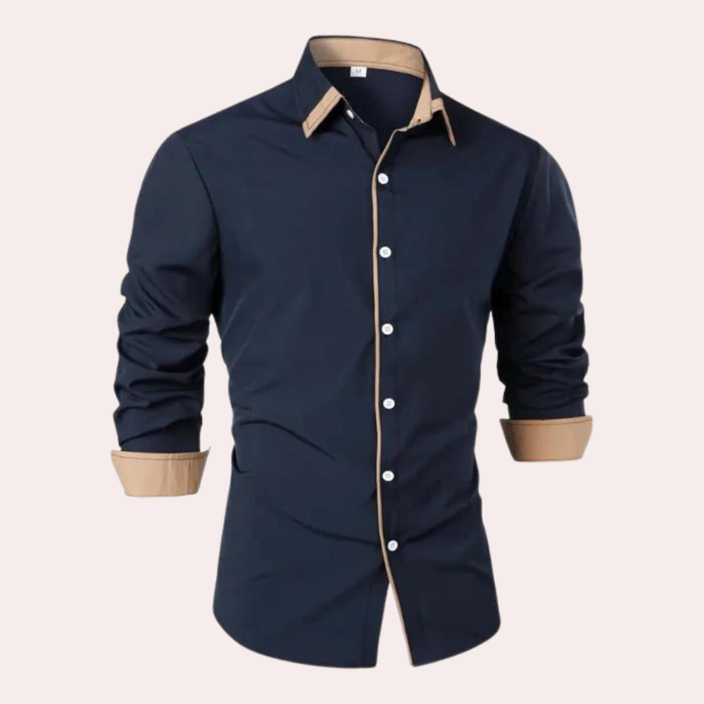 Men's Slim Fit Black Shirt With Tan Contrast Collar And Cuffs Long Sleeved Classic Design
