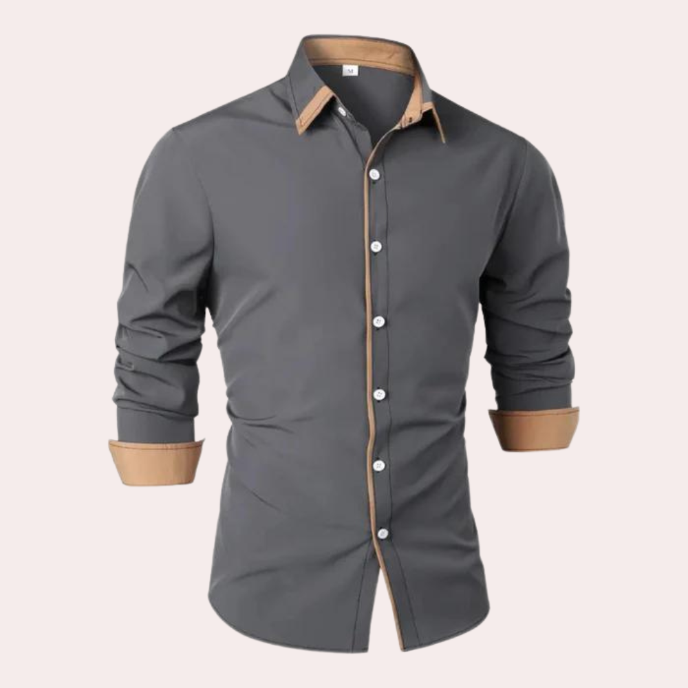Men's Slim Fit Black Shirt With Tan Contrast Collar And Cuffs Long Sleeved Classic Design