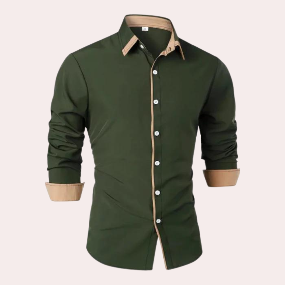 Men's Slim Fit Black Shirt With Tan Contrast Collar And Cuffs Long Sleeved Classic Design