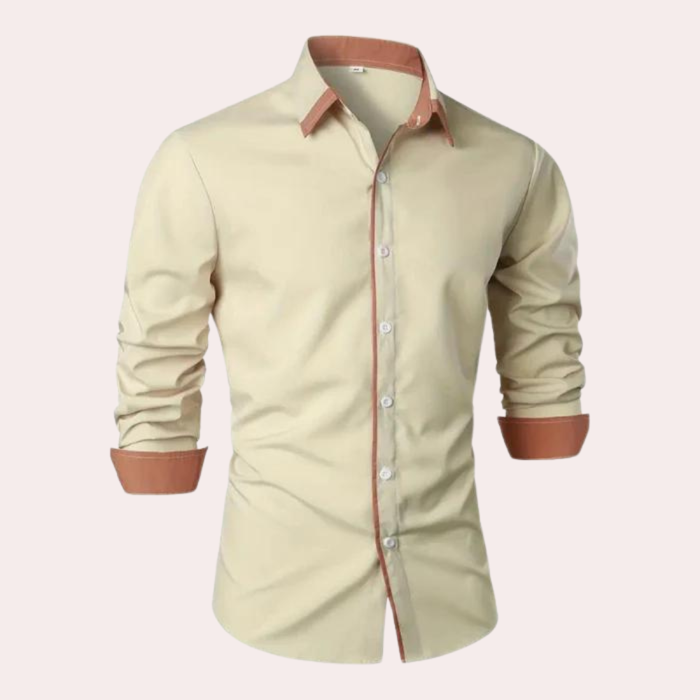 Men's Slim Fit Black Shirt With Tan Contrast Collar And Cuffs Long Sleeved Classic Design