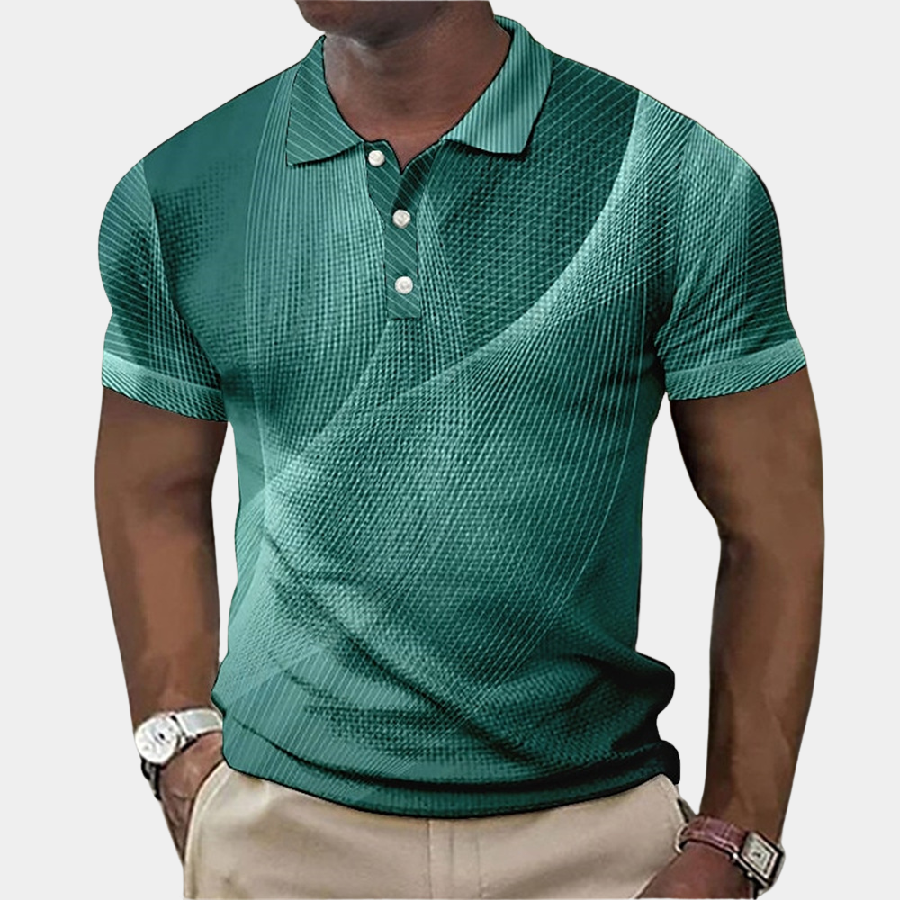 Mens Polo Shirt With Modern Abstract Pattern Ribbed Collar Short Sleeves Button Closure For Smart Casual Wear