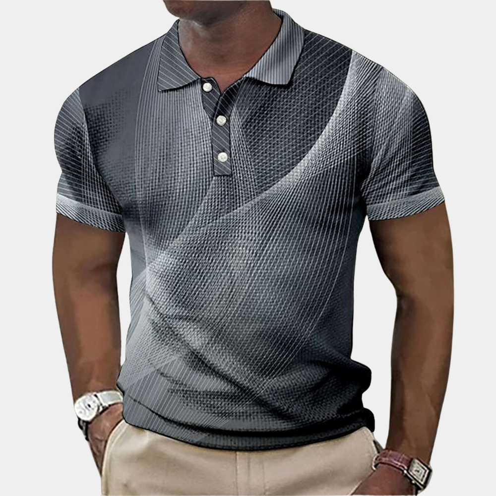 Mens Polo Shirt With Modern Abstract Pattern Ribbed Collar Short Sleeves Button Closure For Smart Casual Wear