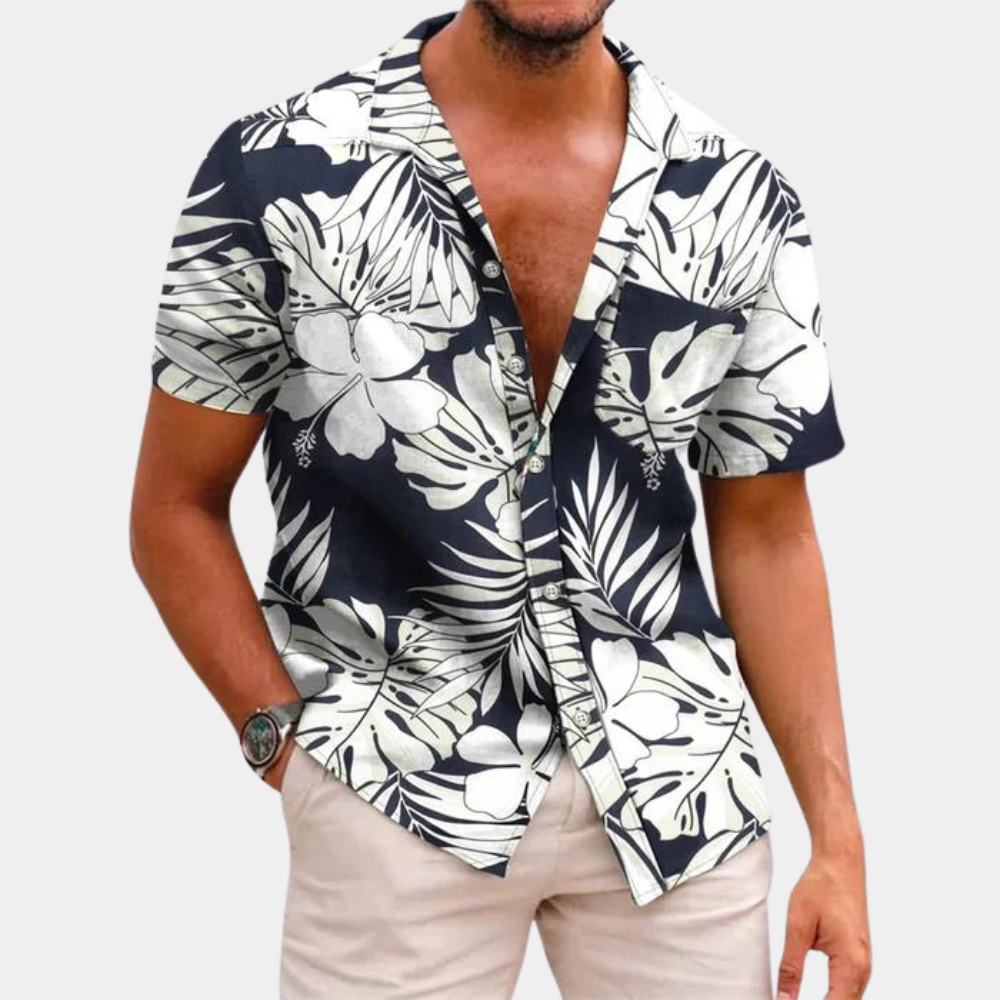 Men's Short Sleeve Tropical Leaf Pattern Shirt Relaxed Fit Buttoned Front For Summer Casual Wear