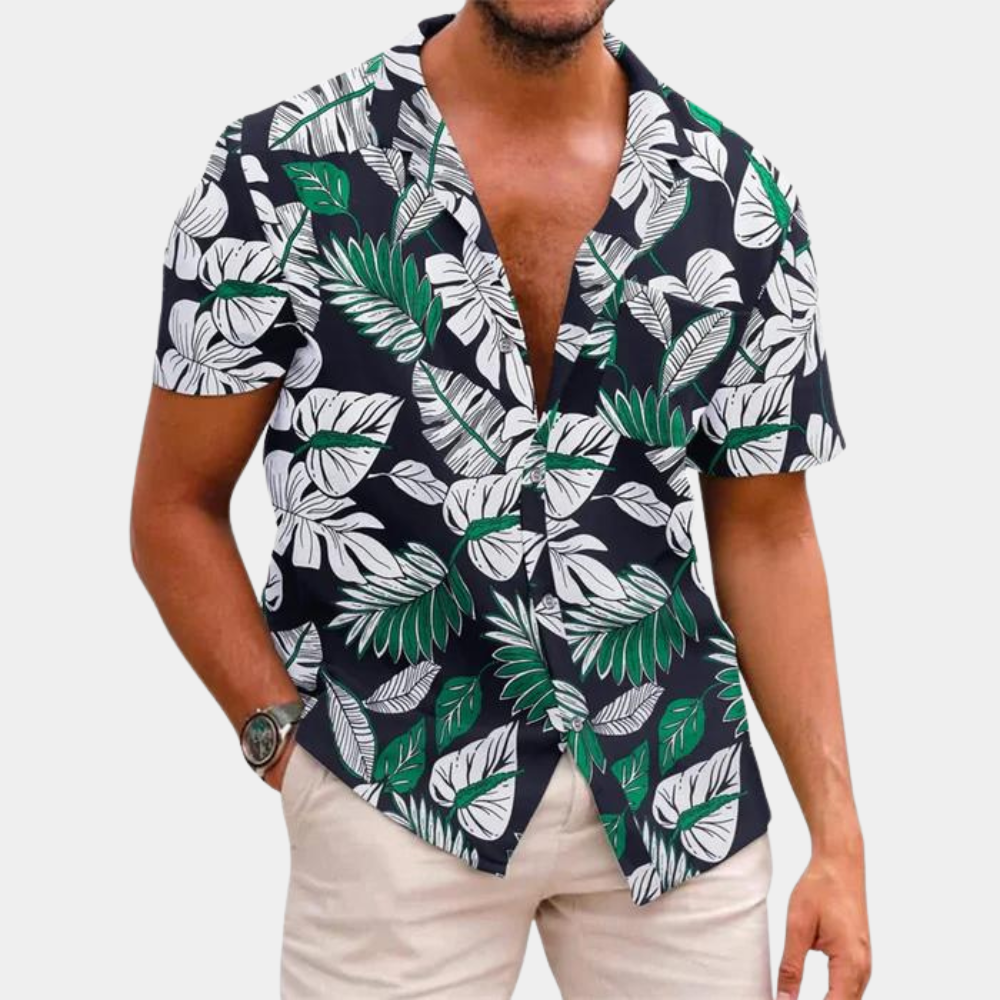 Men's Short Sleeve Tropical Leaf Pattern Shirt Relaxed Fit Buttoned Front For Summer Casual Wear